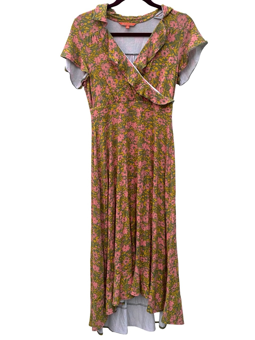 ModCloth floral pink olive green ruffle v-neck  stretch midi dress size medium